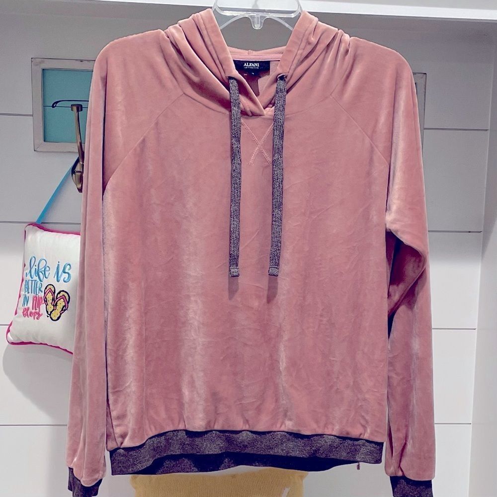 HOODED Plush Velour Pink Sweatshirt w/Gray Trim Size M